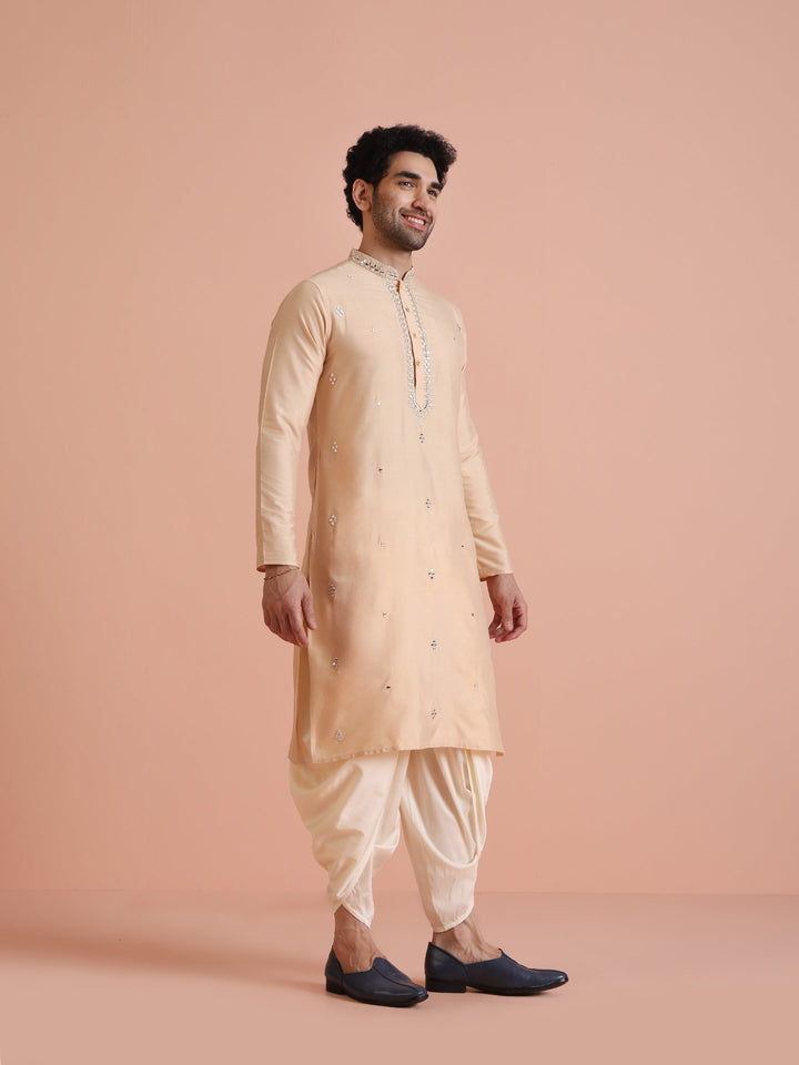 Beige Silk Blend Mirror Work Long Kurta | SHOBITAM