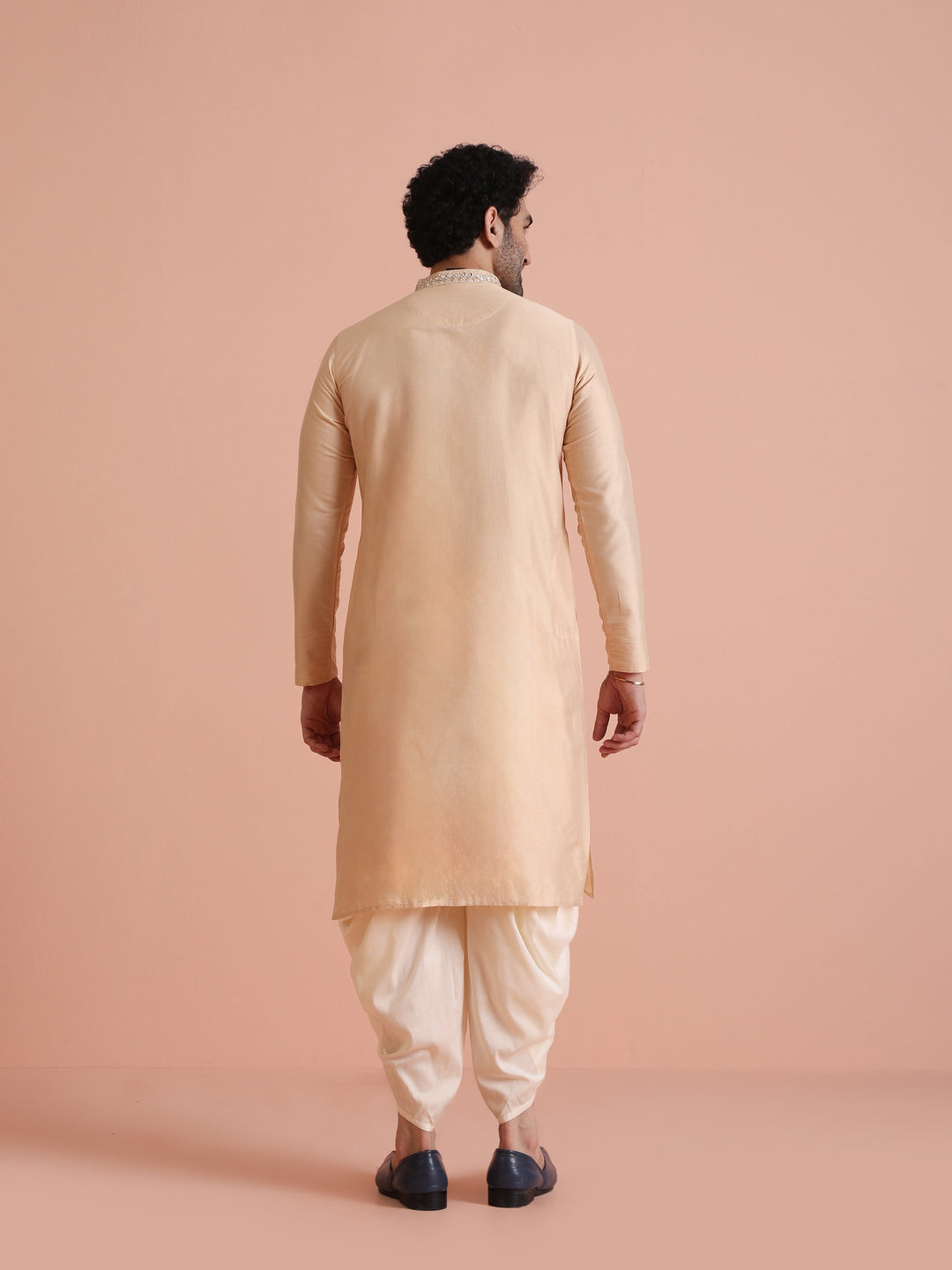 Beige Silk Blend Mirror Work Long Kurta | SHOBITAM