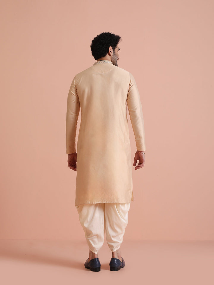 Beige Silk Blend Mirror Work Long Kurta | SHOBITAM