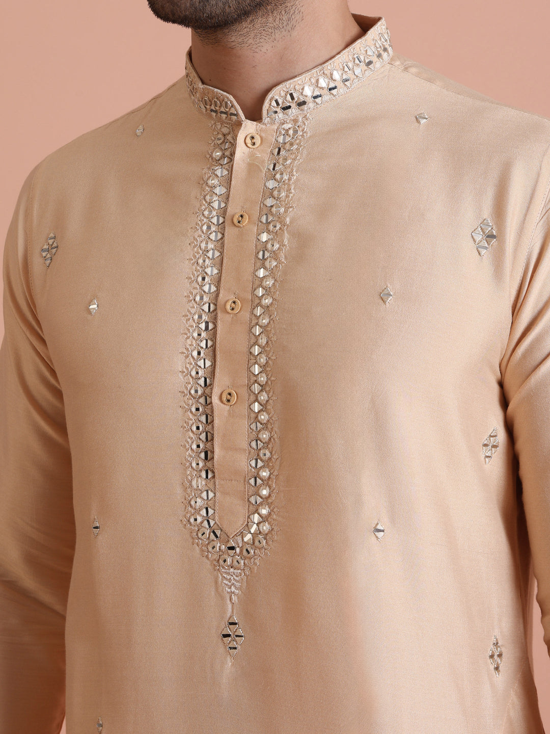 Beige Silk Blend Mirror Work Long Kurta | SHOBITAM