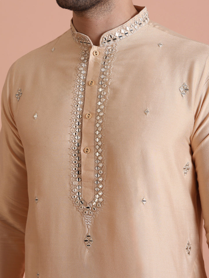 Beige Silk Blend Mirror Work Long Kurta | SHOBITAM
