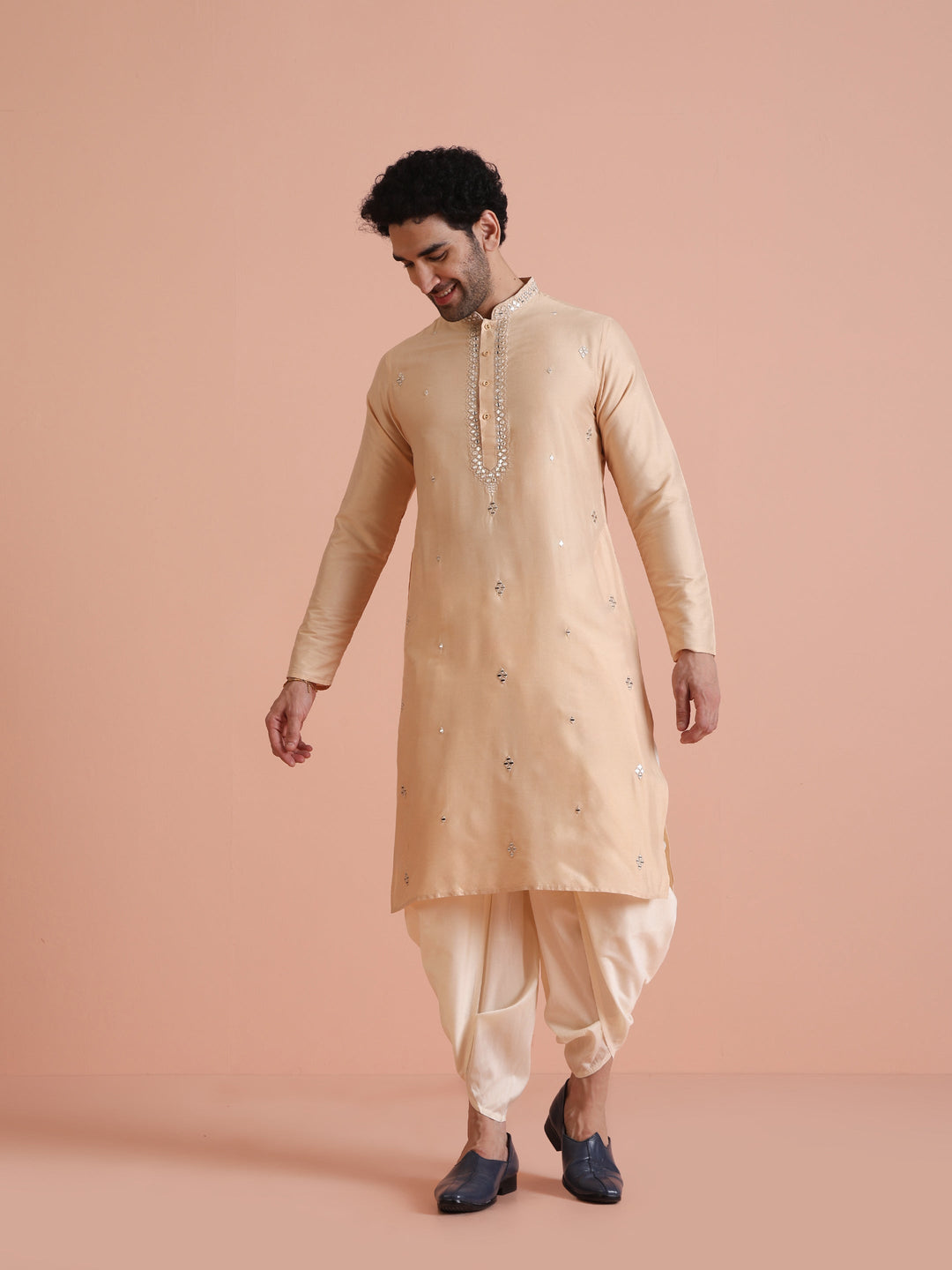 Beige Silk Blend Mirror Work Long Kurta | SHOBITAM