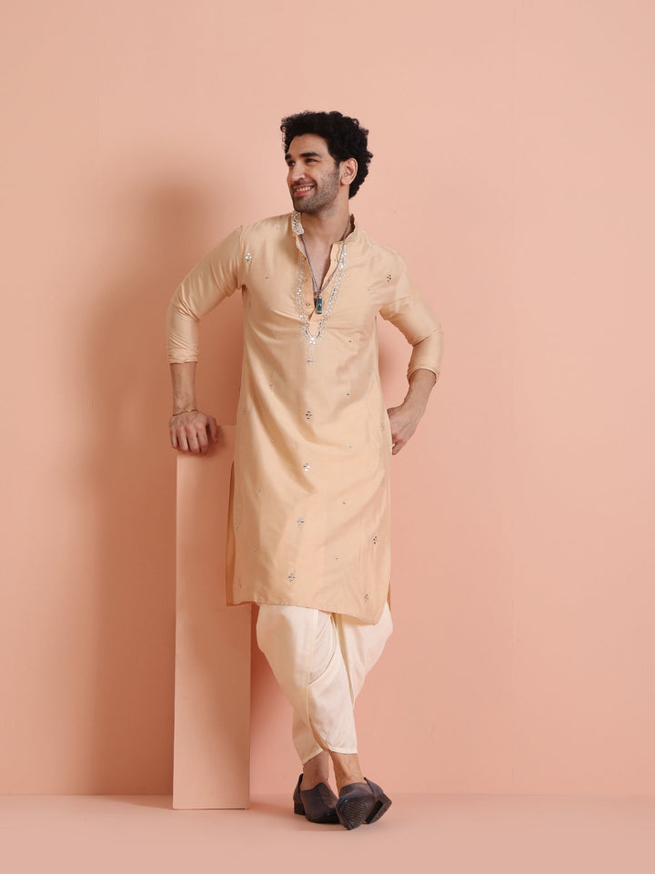 Beige Silk Blend Mirror Work Long Kurta | SHOBITAM