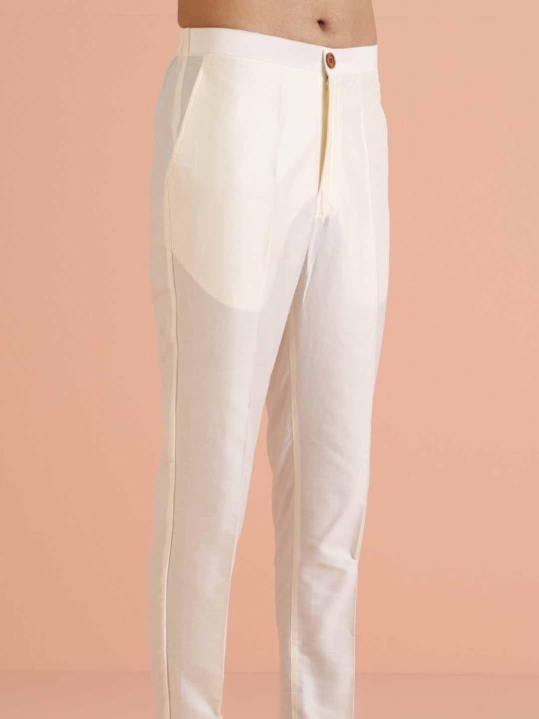 Men Off White Solid Silk Blend Kurta Set | SHOBITAM