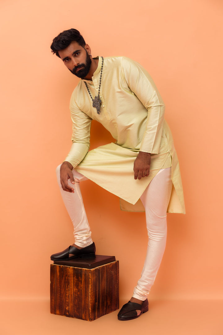 Light Yellow Silk Blend Kurta Churidar Set | SHOBITAM