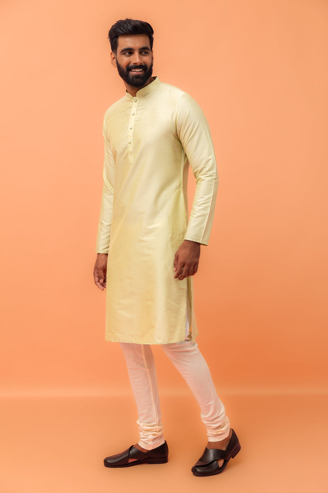 Light Yellow Silk Blend Kurta Churidar Set | SHOBITAM
