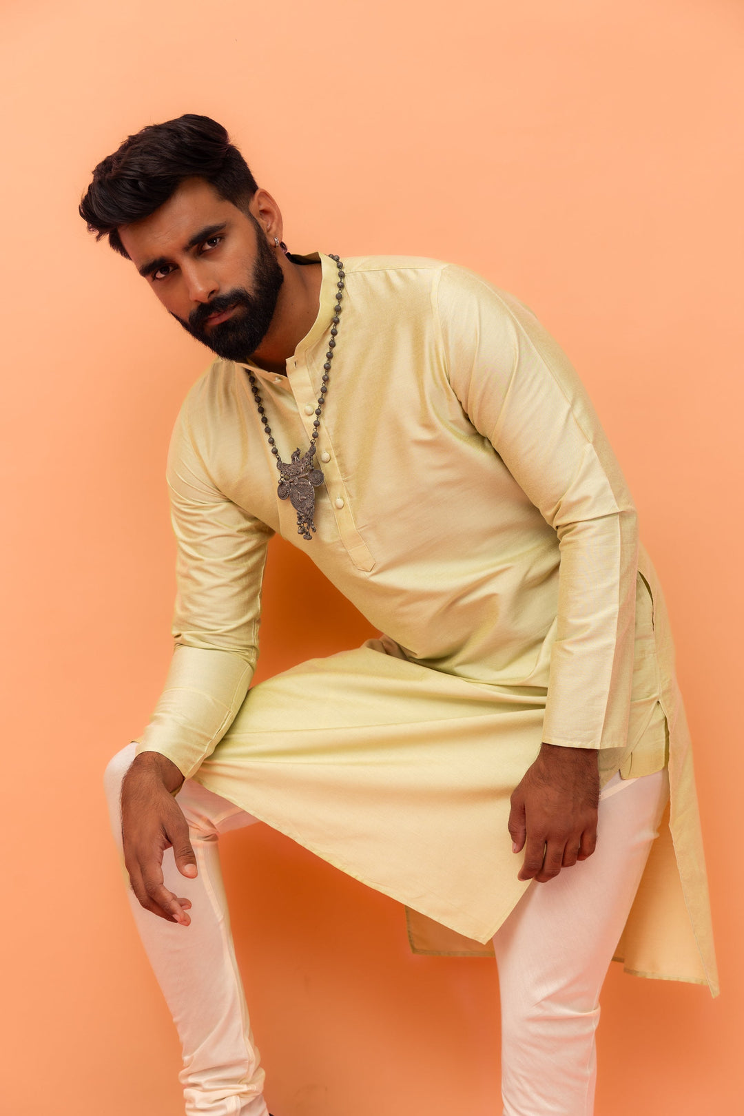 Light Yellow Silk Blend Kurta Churidar Set | SHOBITAM