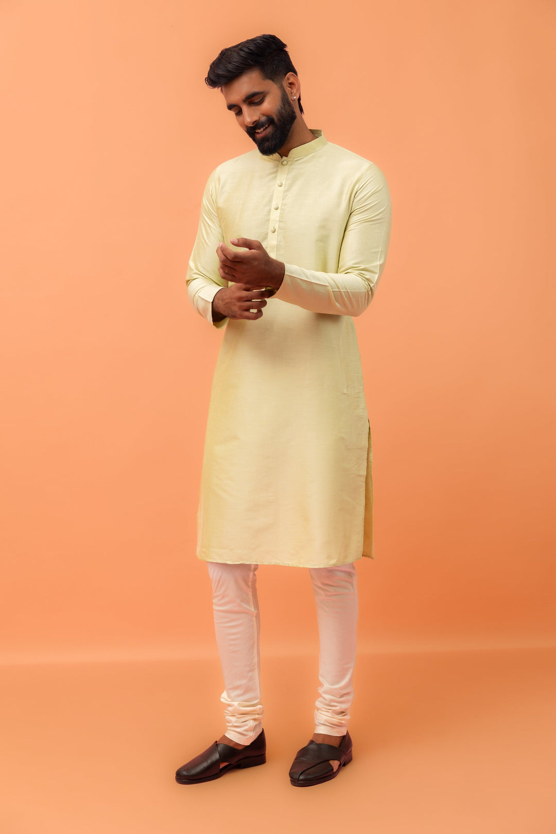 Light Yellow Silk Blend Kurta Churidar Set | SHOBITAM
