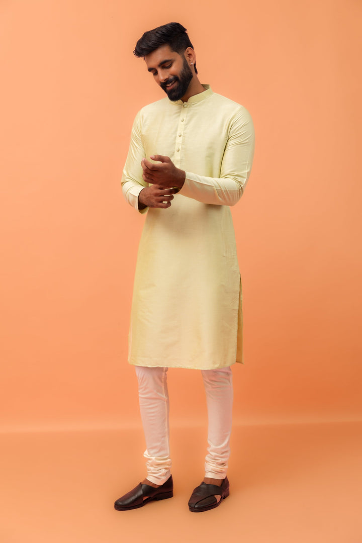 Light Yellow Silk Blend Kurta Churidar Set | SHOBITAM