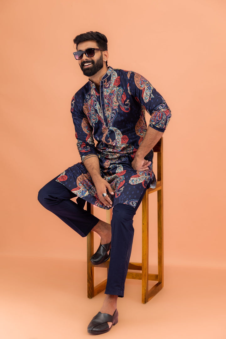 Navy Blue Silk Blend Kurta with Multicolor Paisley Prints | SHOBITAM