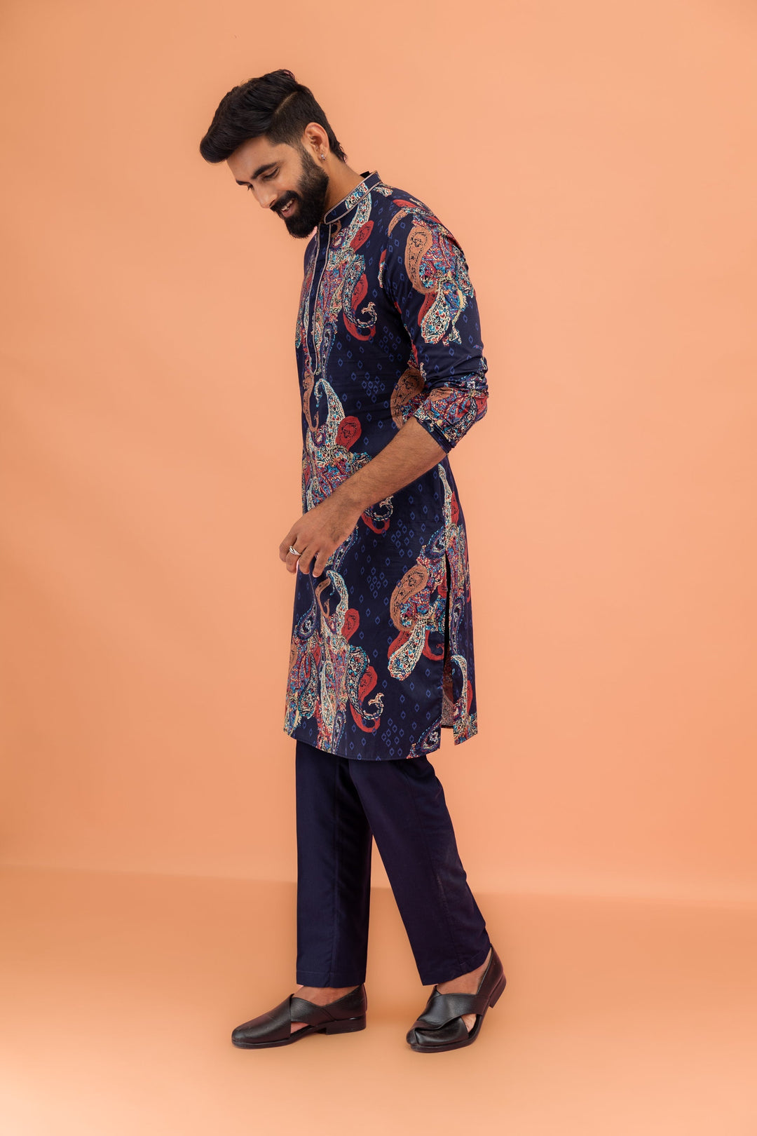 Navy Blue Silk Blend Kurta with Multicolor Paisley Prints | SHOBITAM