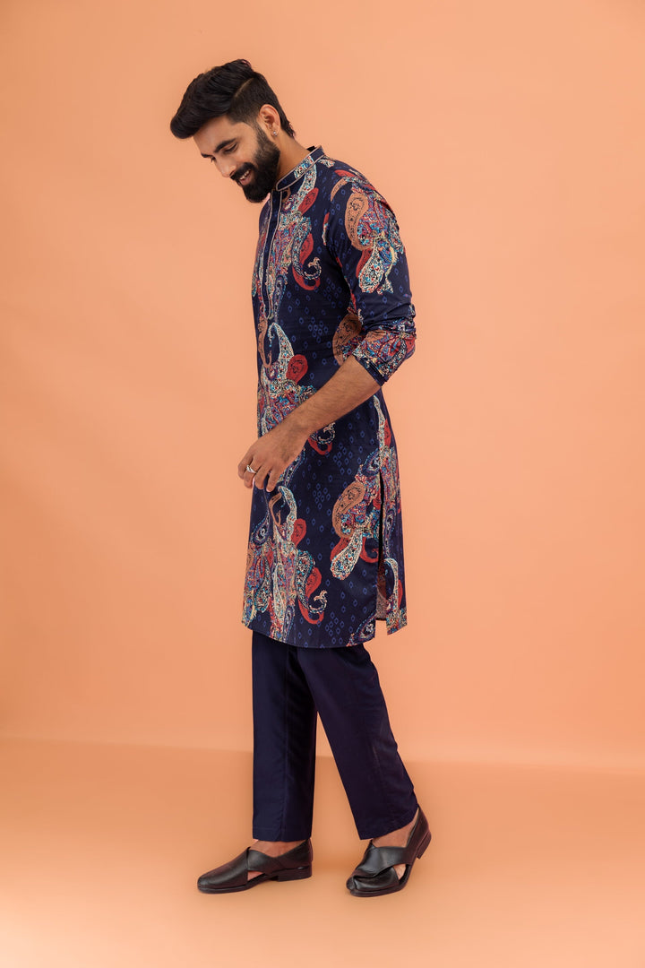 Navy Blue Silk Blend Kurta with Multicolor Paisley Prints | SHOBITAM