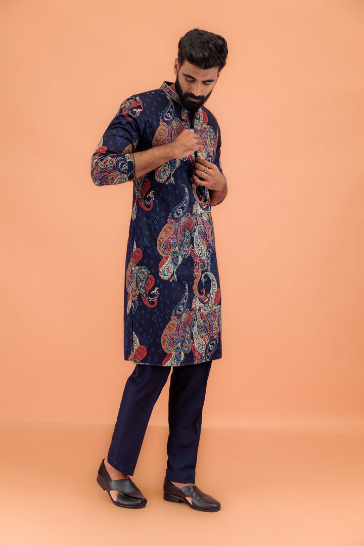 Navy Blue Silk Blend Kurta with Multicolor Paisley Prints | SHOBITAM