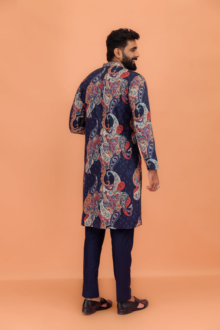 Navy Blue Silk Blend Kurta with Multicolor Paisley Prints | SHOBITAM