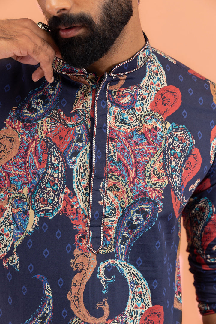 Navy Blue Silk Blend Kurta with Multicolor Paisley Prints | SHOBITAM