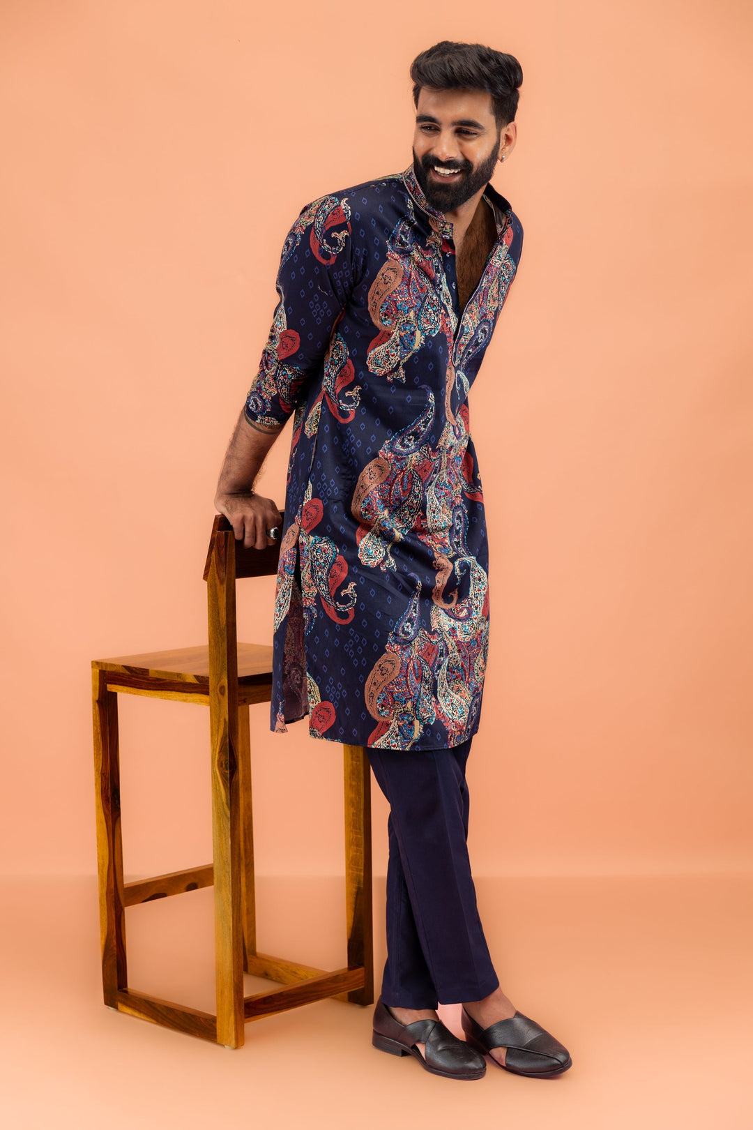 Navy Blue Silk Blend Kurta with Multicolor Paisley Prints | SHOBITAM