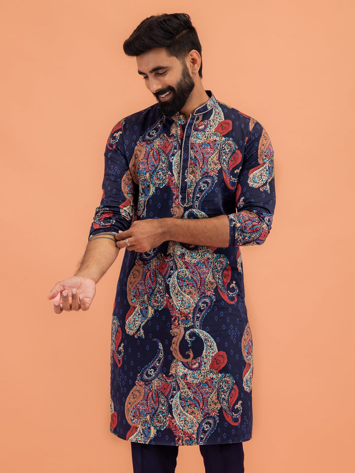 Navy Blue Silk Blend Kurta with Multicolor Paisley Prints | SHOBITAM