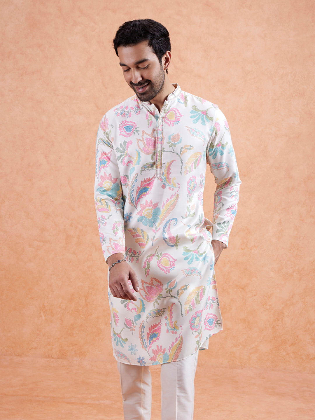 White Cotton Silk Blend Kurta with Multicolor Floral Prints and Mandarin Collar | SHOBITAM