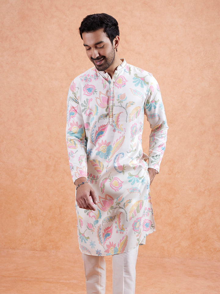 White Cotton Silk Blend Kurta with Multicolor Floral Prints and Mandarin Collar | SHOBITAM