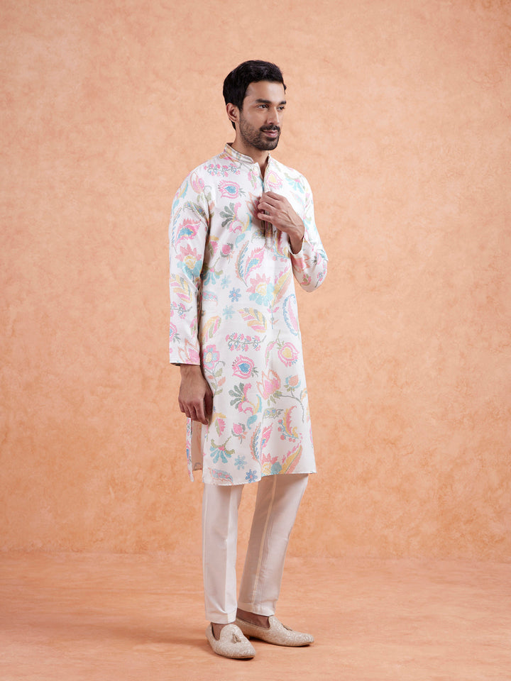 White Cotton Silk Blend Kurta with Multicolor Floral Prints and Mandarin Collar | SHOBITAM