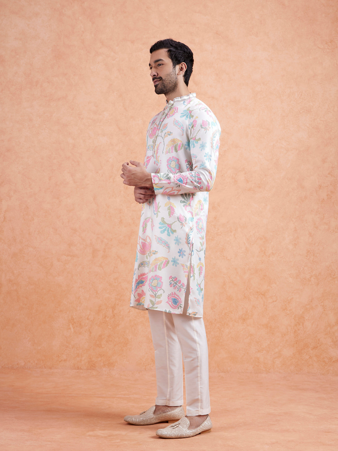 White Cotton Silk Blend Kurta with Multicolor Floral Prints and Mandarin Collar | SHOBITAM