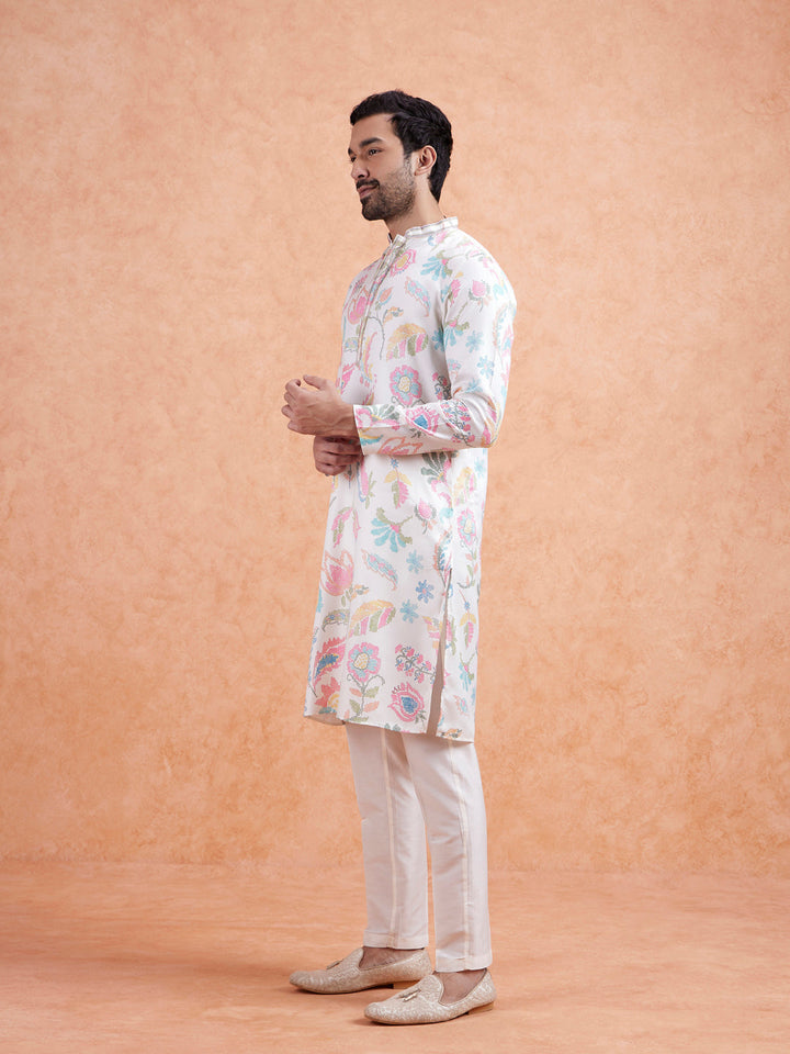 White Cotton Silk Blend Kurta with Multicolor Floral Prints and Mandarin Collar | SHOBITAM