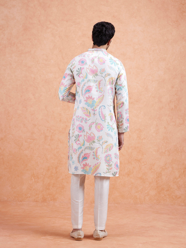 White Cotton Silk Blend Kurta with Multicolor Floral Prints and Mandarin Collar | SHOBITAM