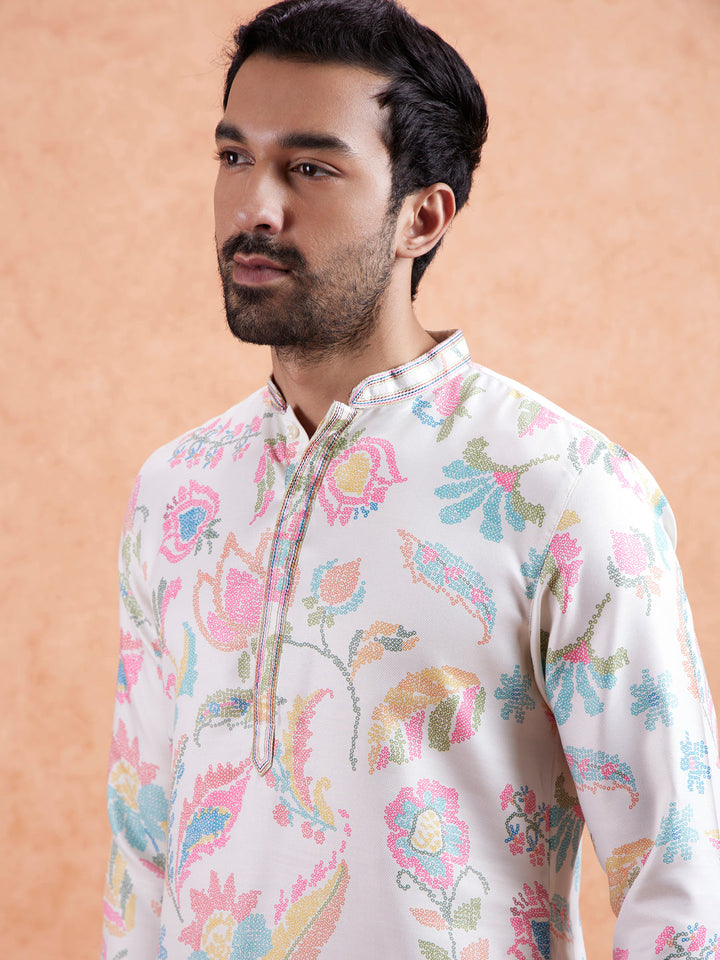 White Cotton Silk Blend Kurta with Multicolor Floral Prints and Mandarin Collar | SHOBITAM