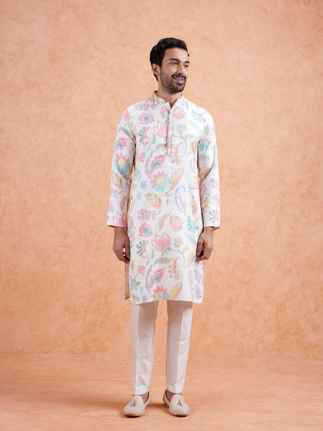 White Cotton Silk Blend Kurta with Multicolor Floral Prints and Mandarin Collar | SHOBITAM