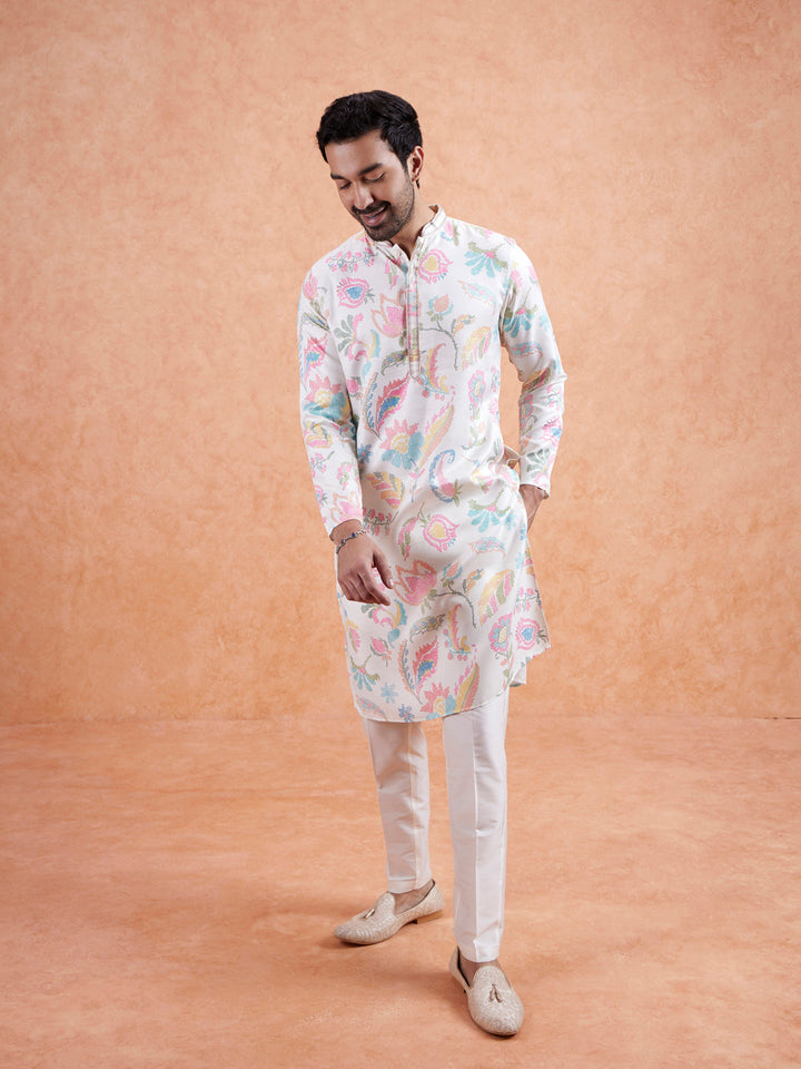 White Cotton Silk Blend Kurta with Multicolor Floral Prints and Mandarin Collar | SHOBITAM