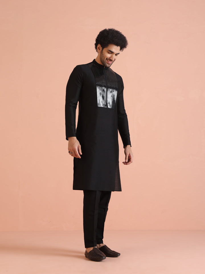 Men Black Tape Work Embellished Kurta | SHOBITAM