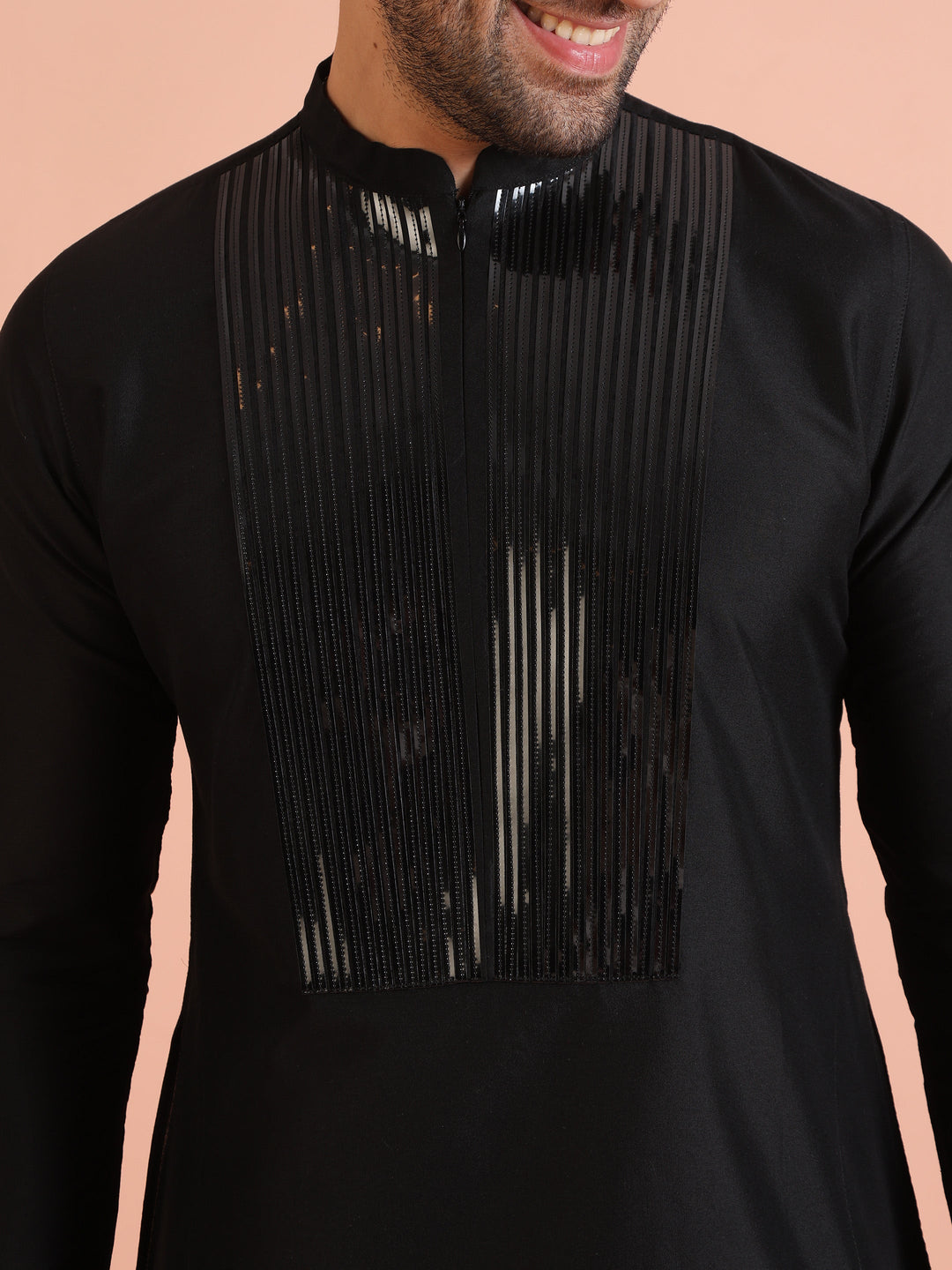 Men Black Tape Work Embellished Kurta | SHOBITAM