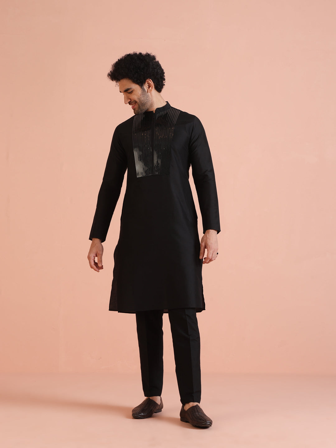 Men Black Tape Work Embellished Kurta | SHOBITAM