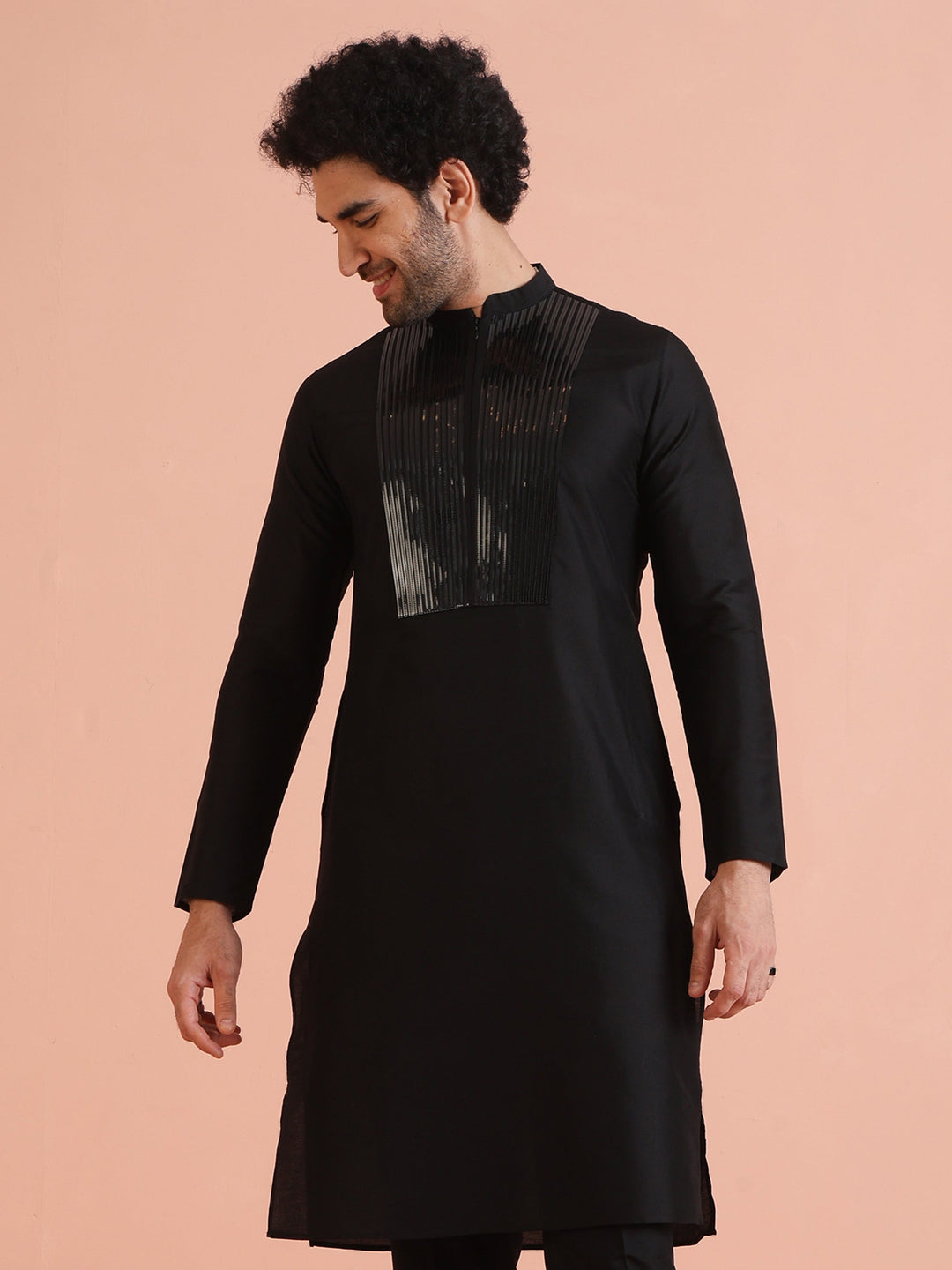 Men Black Tape Work Embellished Kurta | SHOBITAM