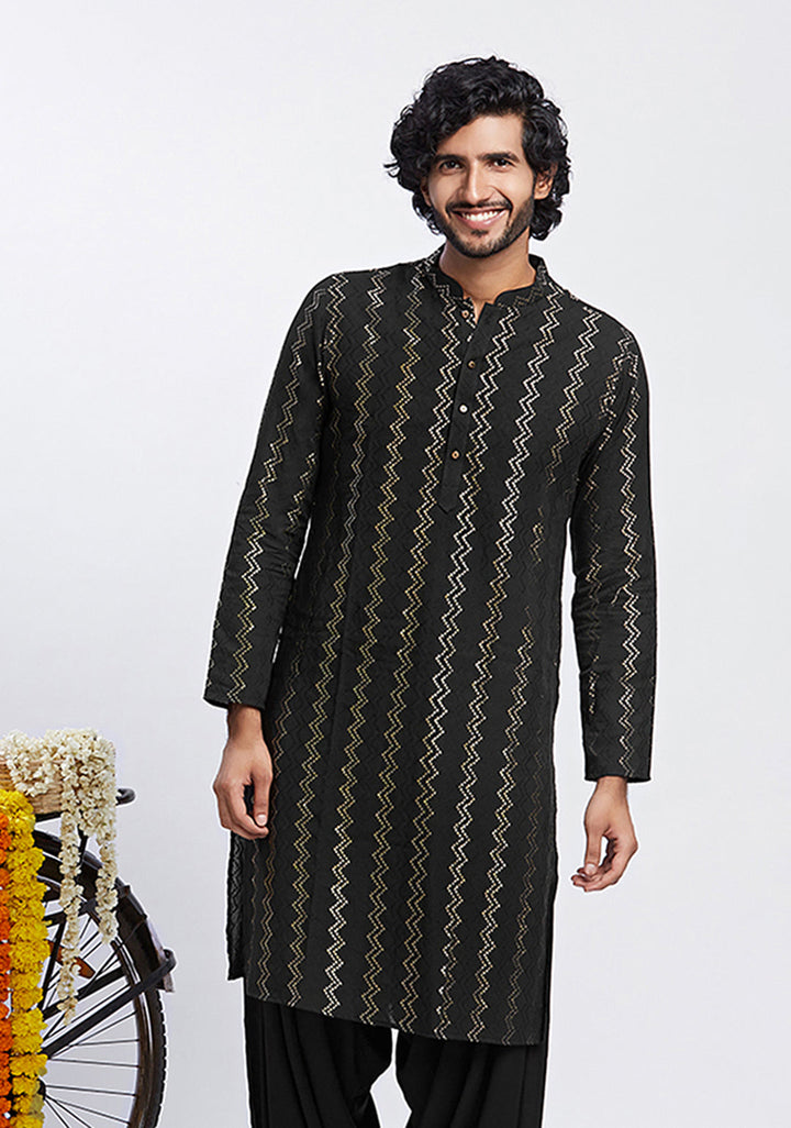 Black Cotton Metallic Printed Long Kurta | SHOBITAM