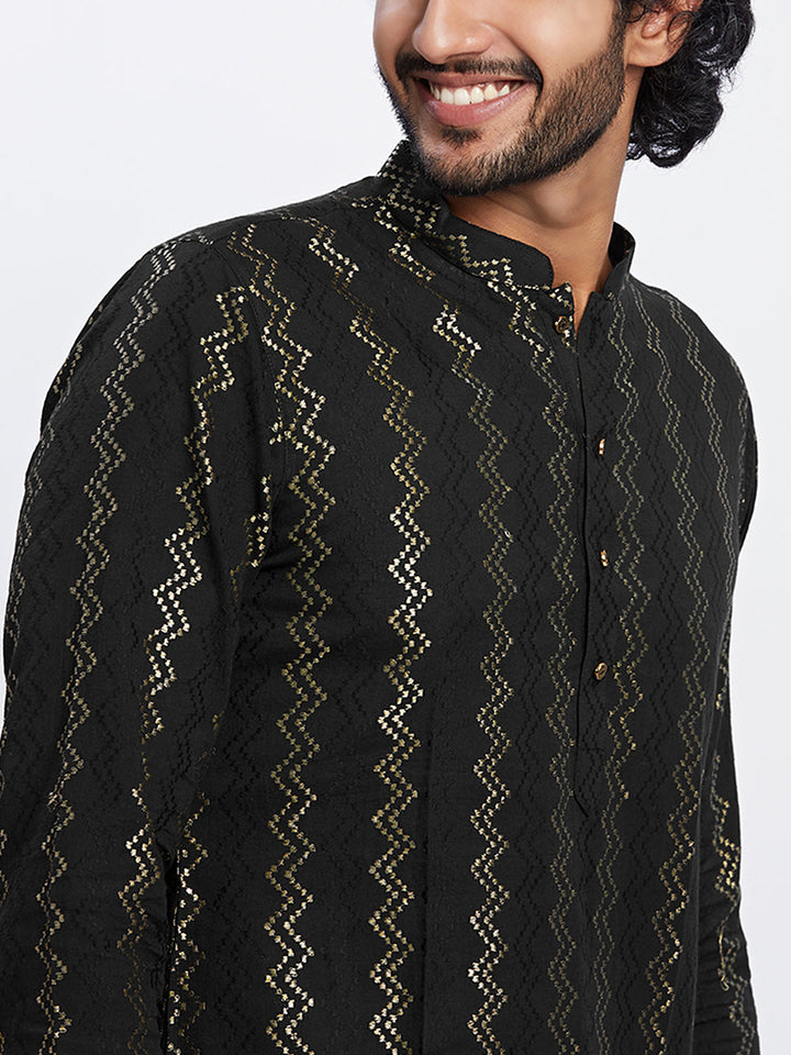 Black Cotton Metallic Printed Long Kurta | SHOBITAM