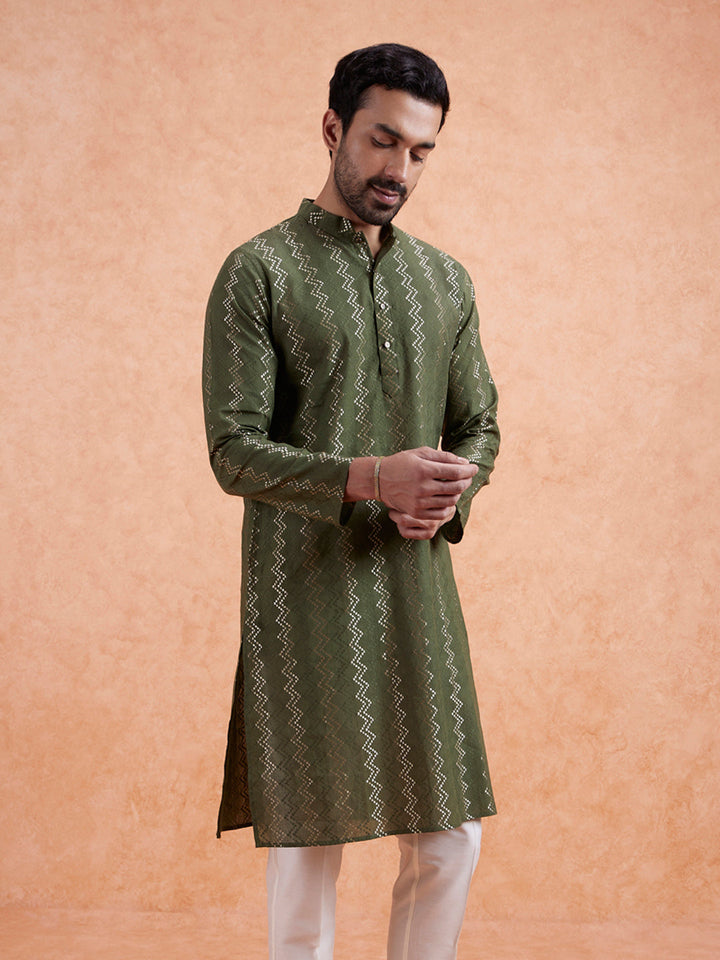 Green Cotton Blend Textured Long Kurta | SHOBITAM
