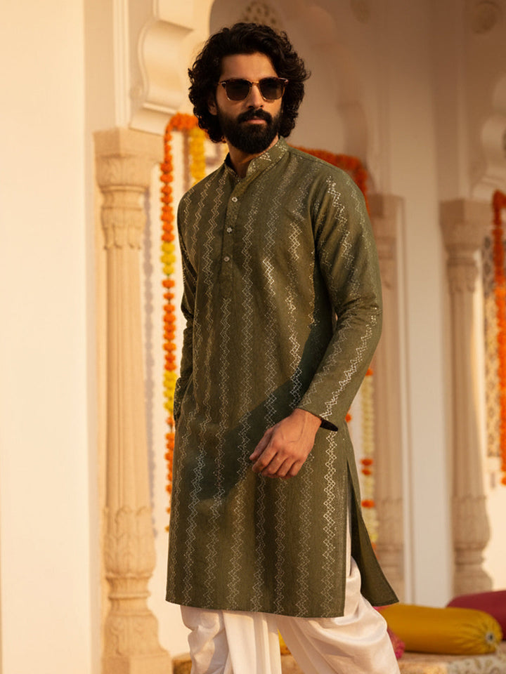 Green Cotton Blend Textured Long Kurta | SHOBITAM