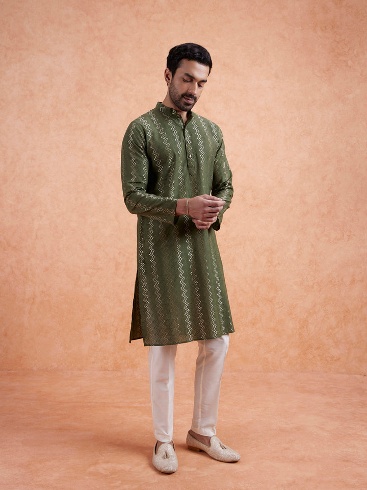 Green Cotton Blend Textured Long Kurta | SHOBITAM