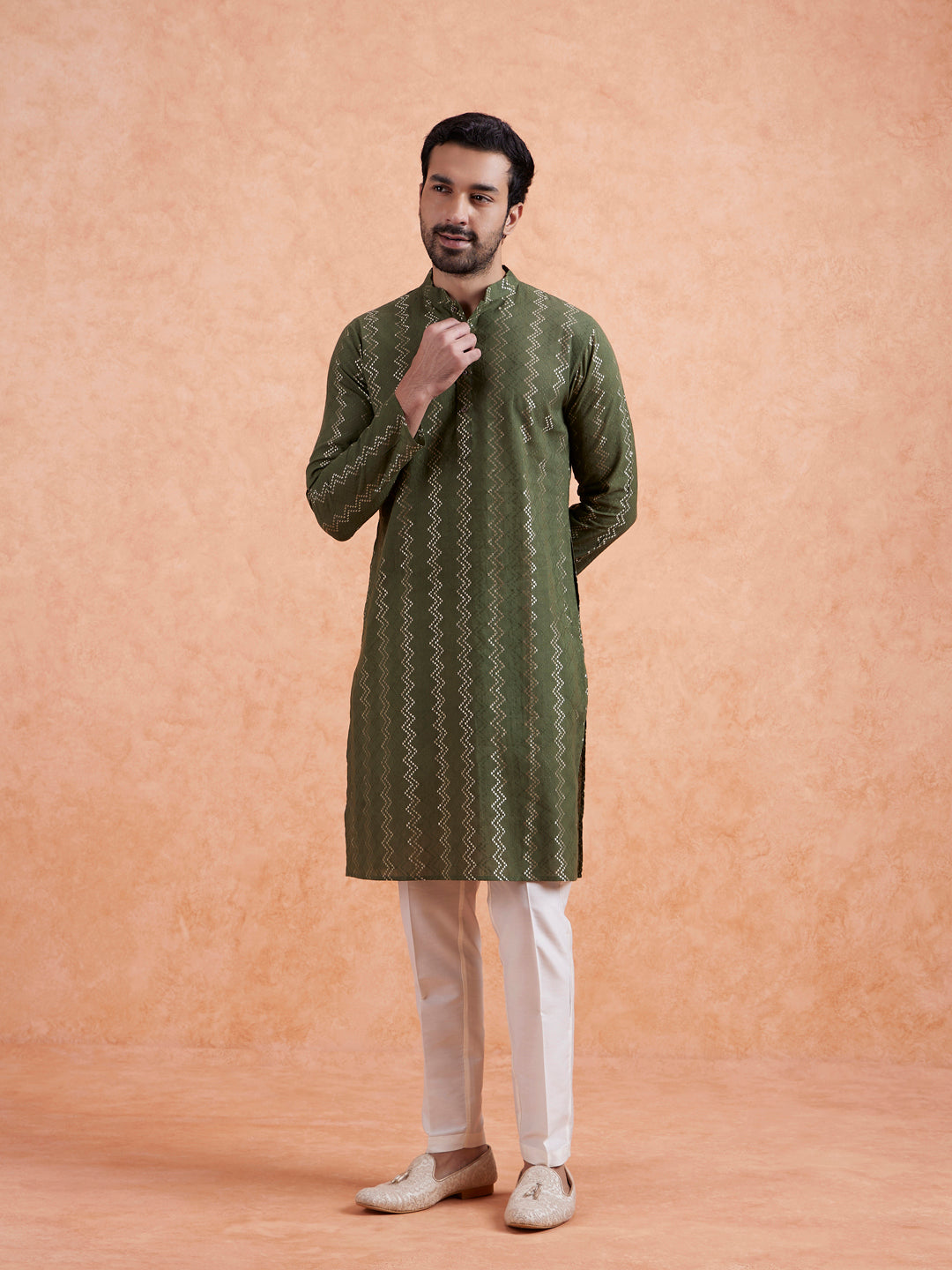 Green Cotton Blend Textured Long Kurta | SHOBITAM