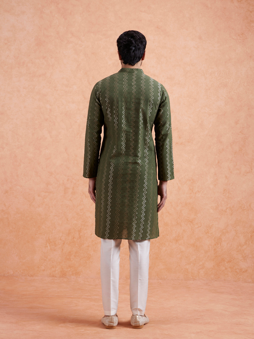 Green Cotton Blend Textured Long Kurta | SHOBITAM