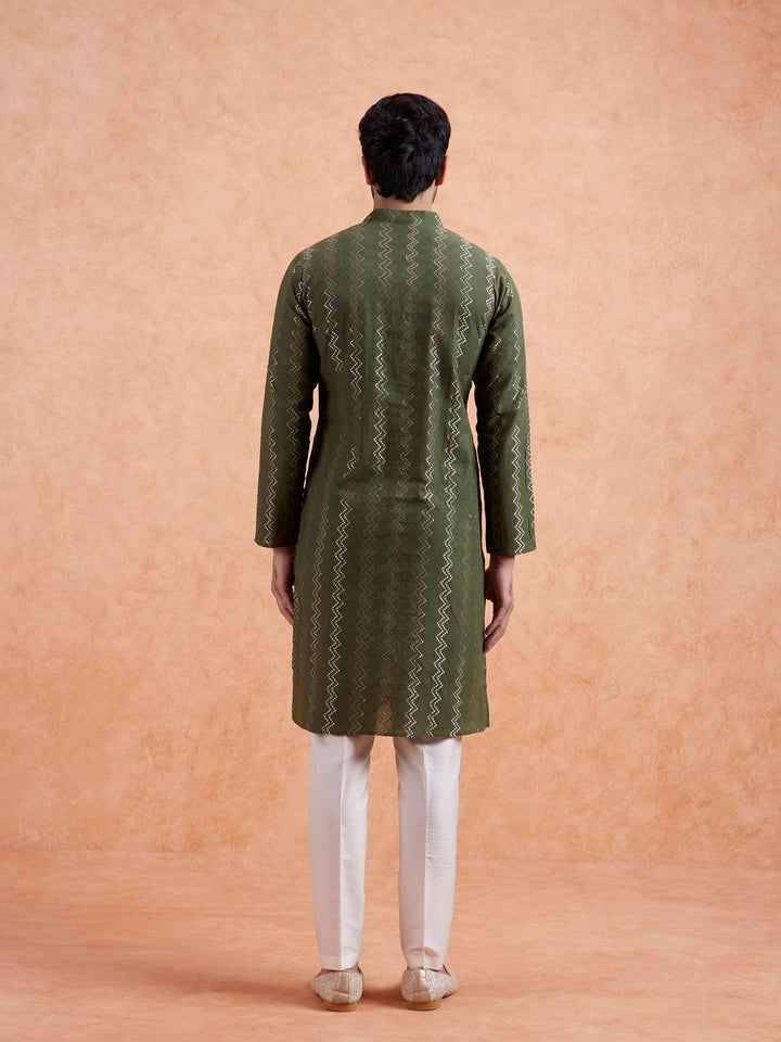 Green Cotton Blend Textured Long Kurta | SHOBITAM