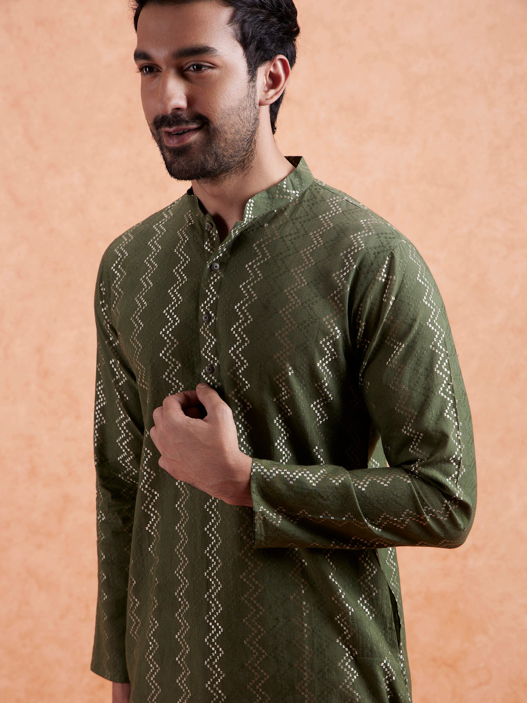 Green Cotton Blend Textured Long Kurta | SHOBITAM