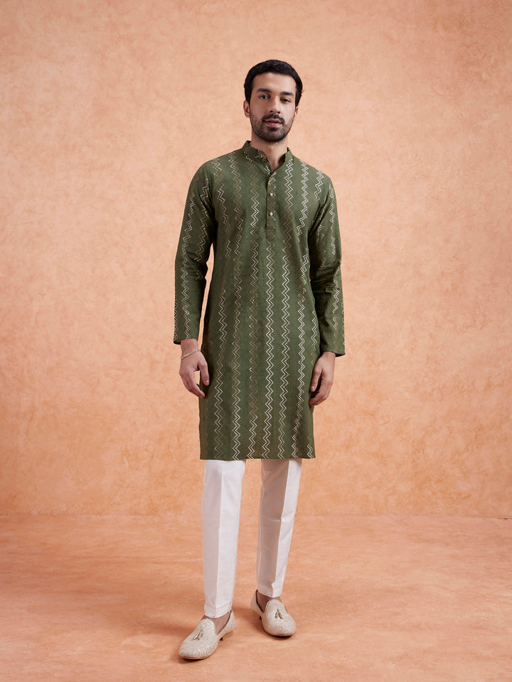 Green Cotton Blend Textured Long Kurta | SHOBITAM