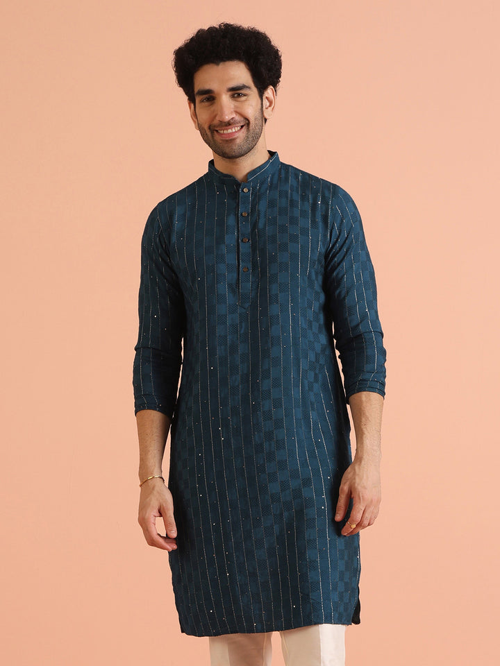 Teal Blue Jacquard Sequinned Kurta | SHOBITAM
