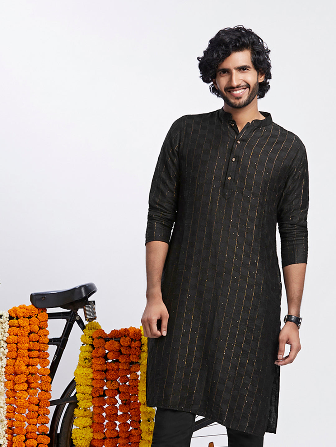 Black Cotton Silk Metallic Striped Long Kurta | SHOBITAM