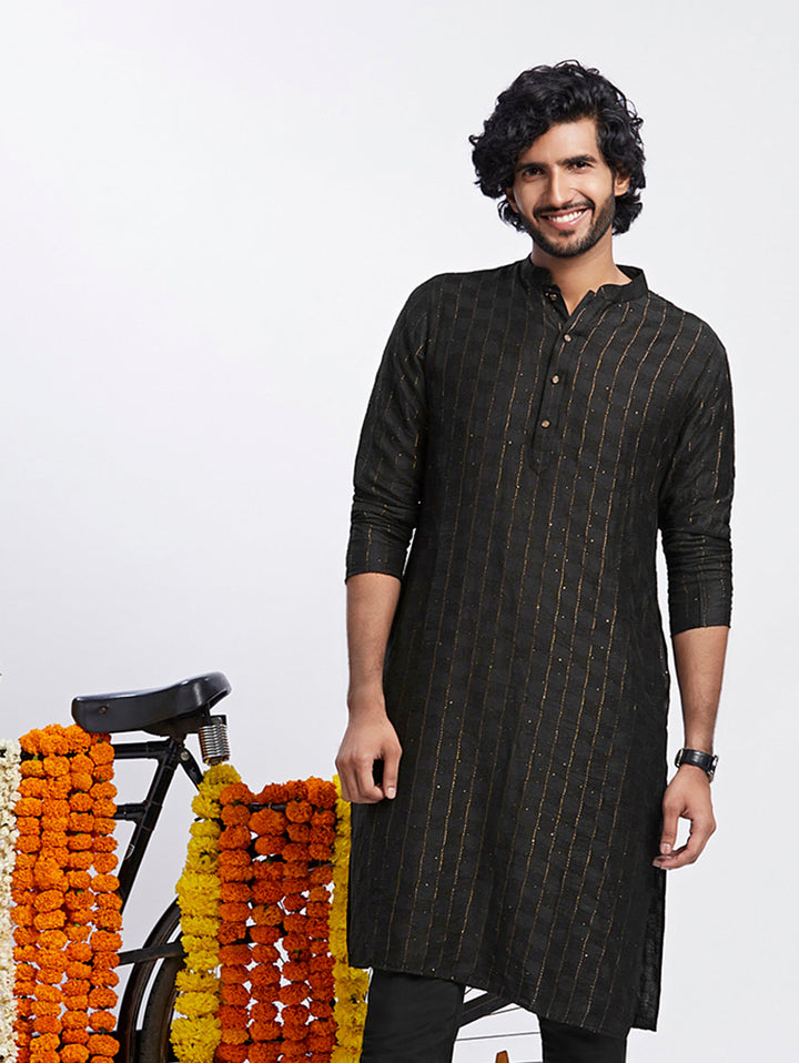Black Cotton Silk Metallic Striped Long Kurta | SHOBITAM