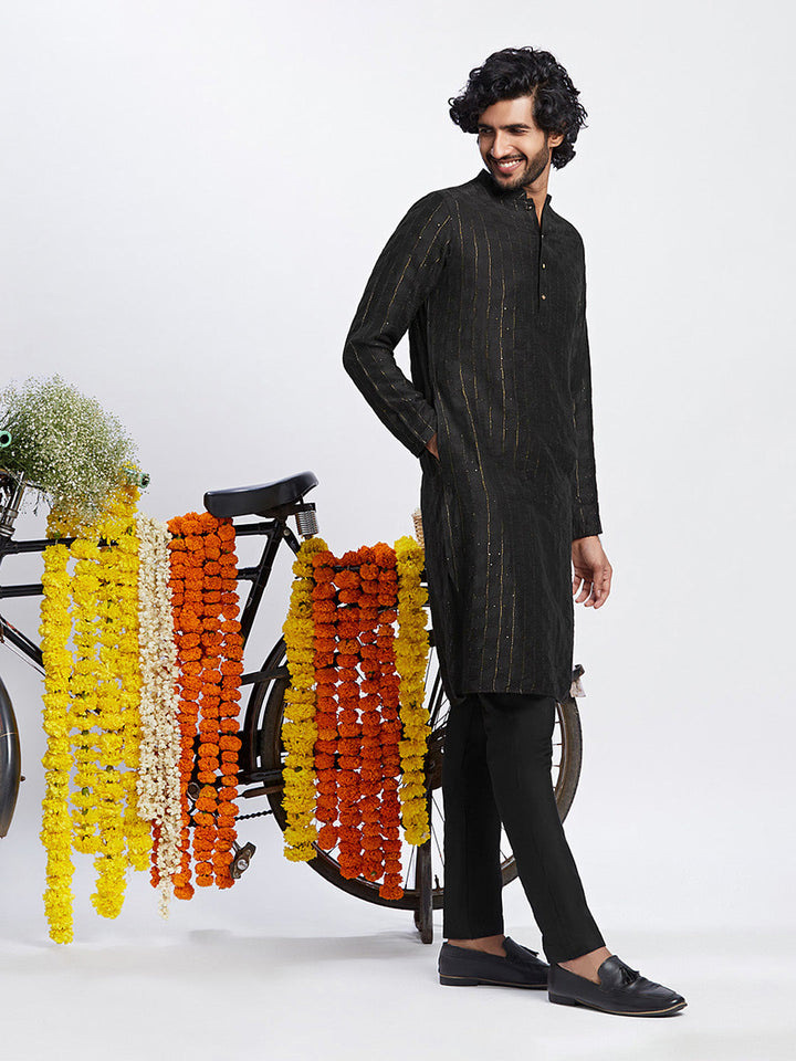Black Cotton Silk Metallic Striped Long Kurta | SHOBITAM
