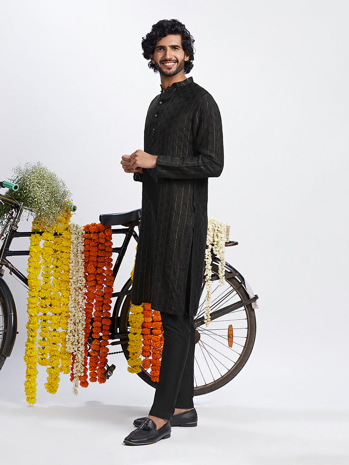 Black Cotton Silk Metallic Striped Long Kurta | SHOBITAM