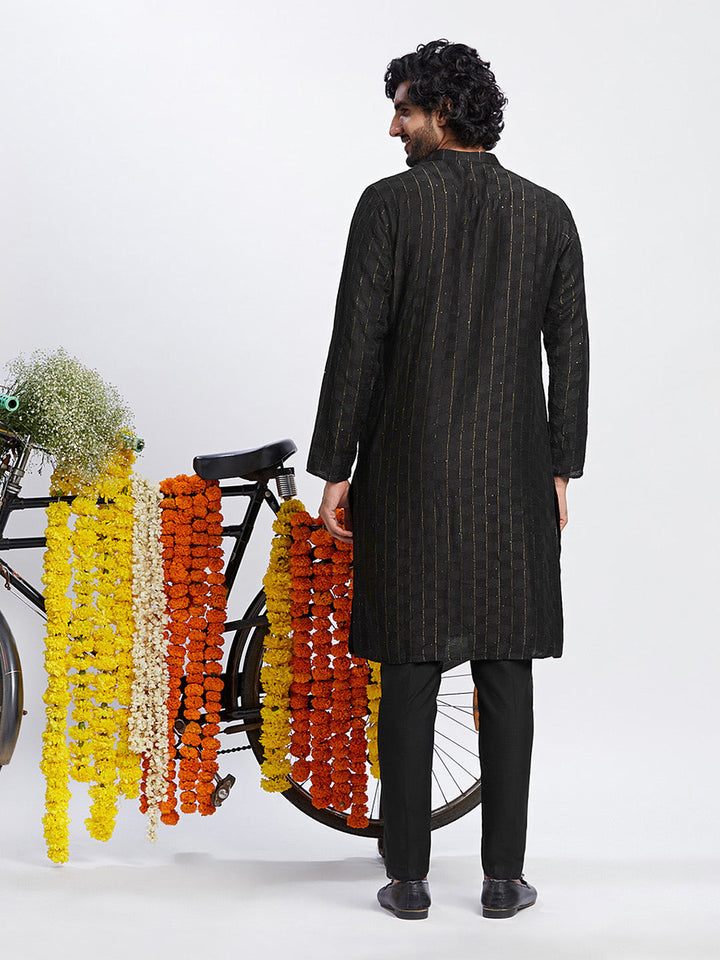 Black Cotton Silk Metallic Striped Long Kurta | SHOBITAM
